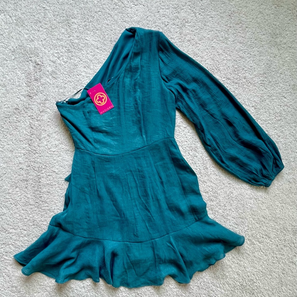 Madison Teal One-Shoulder Dress with Ruffle Hem - Picture 2 of 2